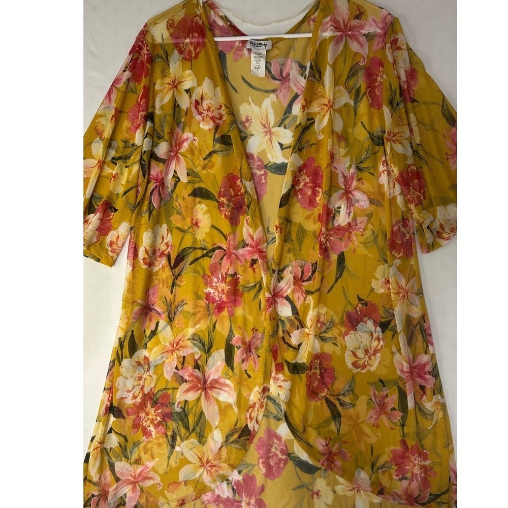 StitchWurks Los Angeles Yellow Floral Sheer Mesh Kimono Cardigan Medium 0659